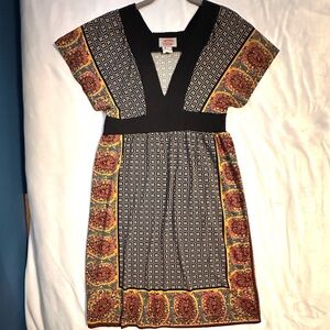 Aoyama Itchome Designer Vneck Patterned Dress S Multicolor Knee Length Boho Chic